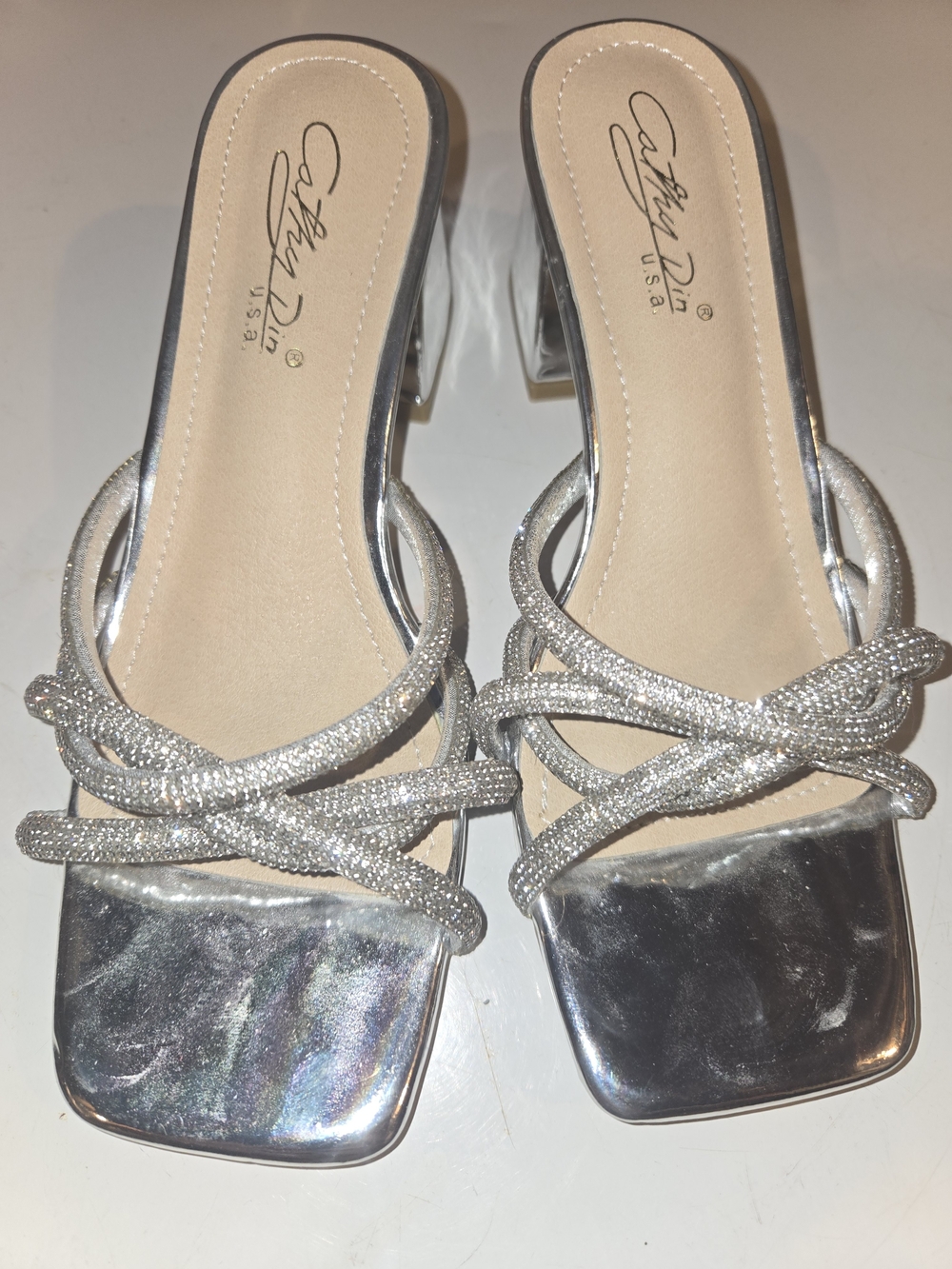 Silver Embellished Strappy Slide Heels Sz 6